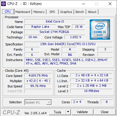 screenshot of CPU-Z validation for Dump [6z6qwy] - Submitted by  DESKTOP-3VVF720  - 2023-05-08 23:37:22