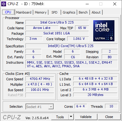 screenshot of CPU-Z validation for Dump [759wbk] - Submitted by  ALIOJIN  - 2025-10-27 04:26:45