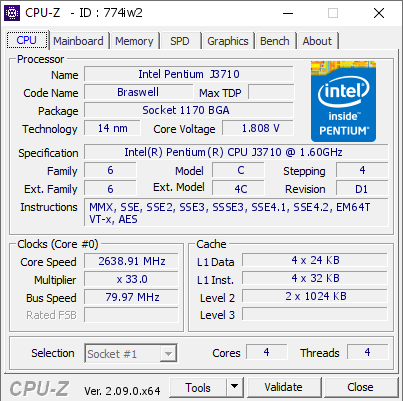 screenshot of CPU-Z validation for Dump [774iw2] - Submitted by  INSPIRON-3252  - 2024-04-20 05:28:31