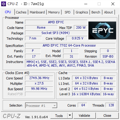 screenshot of CPU-Z validation for Dump [7aw21g] - Submitted by  Anonymous  - 2020-02-01 14:01:13