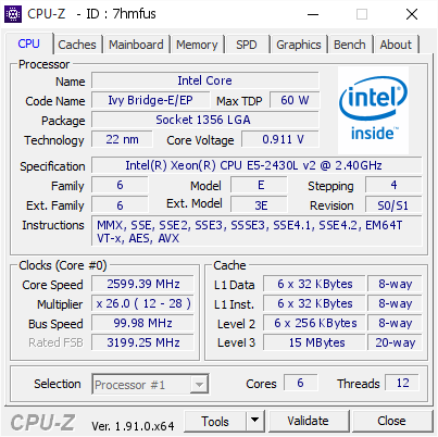 screenshot of CPU-Z validation for Dump [7hmfus] - Submitted by  HELIOS  - 2020-02-26 17:34:37