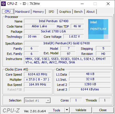 screenshot of CPU-Z validation for Dump [7ii3mv] - Submitted by  shar00750  - 2022-06-18 21:59:50