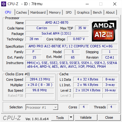 screenshot of CPU-Z validation for Dump [7itrmu] - Submitted by  DESKTOP-K95G2AU  - 2019-12-29 17:02:00