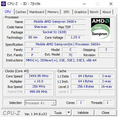 screenshot of CPU-Z validation for Dump [7jkc9s] - Submitted by  Kebabbia-SempronM65nm  - 2020-11-20 20:22:48