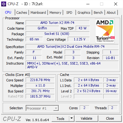 screenshot of CPU-Z validation for Dump [7k2urk] - Submitted by  HPCOMPAQ6735B  - 2020-02-14 19:22:41