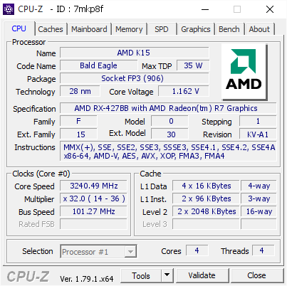 screenshot of CPU-Z validation for Dump [7mkp8f] - Submitted by  HP-t730  - 2017-06-02 11:44:06