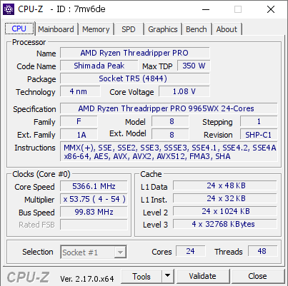 screenshot of CPU-Z validation for Dump [7mv6de] - Submitted by  9965WX  - 2025-11-06 20:30:59