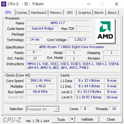 screenshot of CPU-Z validation for Dump [7r6uvn] - Submitted by  RYZEN1800X  - 2017-03-24 10:06:03
