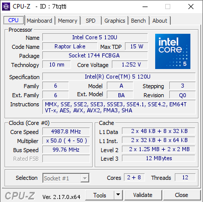 screenshot of CPU-Z validation for Dump [7tqtti] - Submitted by  Anonymous  - 2025-12-31 20:59:46