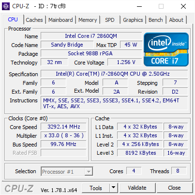 Intel Core i7 2860QM @ 3292.14 MHz - CPU-Z VALIDATOR