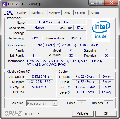 screenshot of CPU-Z validation for Dump [7wwxgs] - Submitted by  RAZER  - 2015-02-07 17:02:59