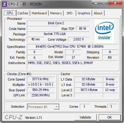 screenshot of CPU-Z validation for Dump [852s5h] - Submitted by  michel90  - 2015-04-11 21:04:42