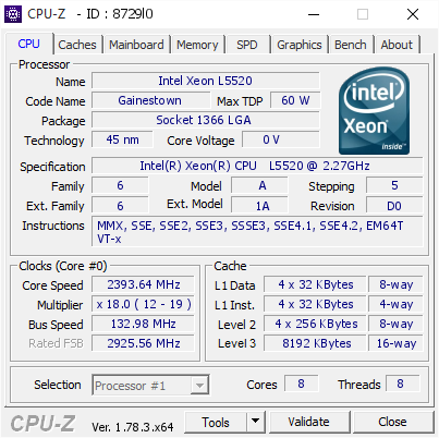 Intel Xeon L5520 @ 2393.64 MHz - CPU-Z VALIDATOR