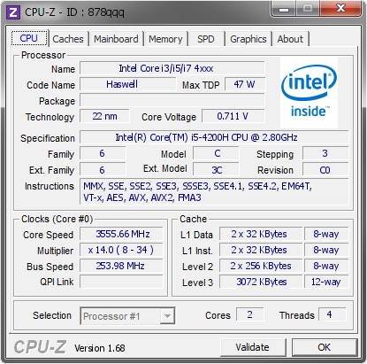 screenshot of CPU-Z validation for Dump [878qqq] - Submitted by  KYO-PC  - 2014-04-04 10:04:14