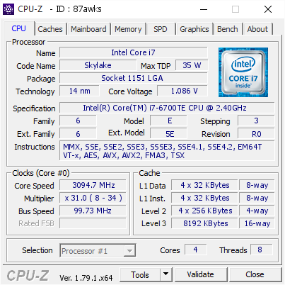 screenshot of CPU-Z validation for Dump [87awks] - Submitted by  Dell-Wyse-7040-Potomac  - 2017-05-31 07:22:45