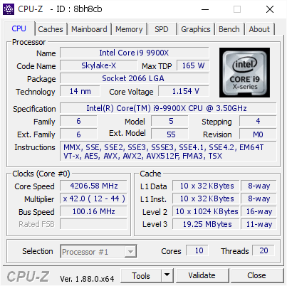 Intel Core I9 9900x 4206 58 Mhz Cpu Z Validator