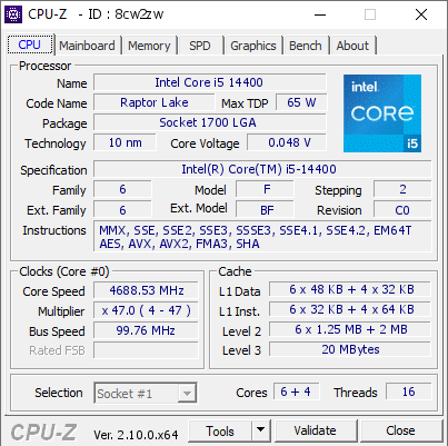 screenshot of CPU-Z validation for Dump [8cw2zw] - Submitted by  Anonymous  - 2024-08-23 15:43:27