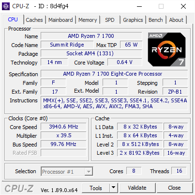 screenshot of CPU-Z validation for Dump [8d4fg4] - Submitted by  RYZEN7-1700  - 2019-08-14 00:04:10