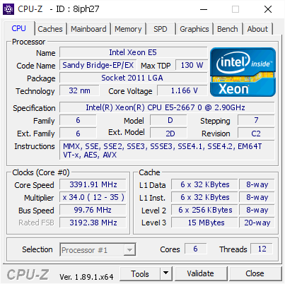 screenshot of CPU-Z validation for Dump [8iph27] - Submitted by  mackerel  - 2019-07-02 13:39:21