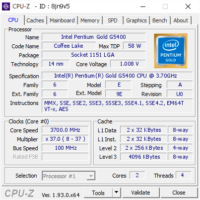 Intel Pentium Gold G5400 3700 Mhz Cpu Z Validator