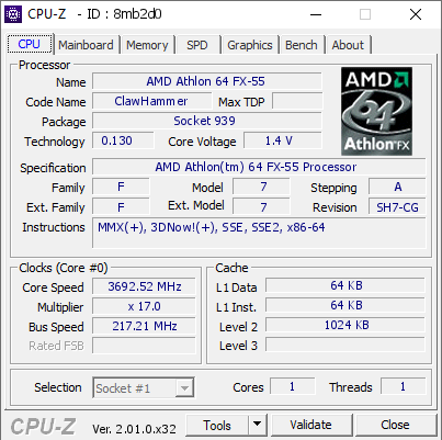 screenshot of CPU-Z validation for Dump [8mb2d0] - Submitted by  Boblemagnifique A64 FX-55 San Diego LN2  - 2022-07-17 18:30:36