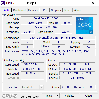 screenshot of CPU-Z validation for Dump [8mxqd1] - Submitted by  Anonymous  - 2024-02-10 17:08:45