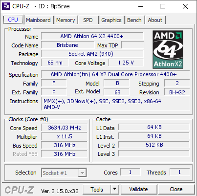 screenshot of CPU-Z validation for Dump [8p5zve] - Submitted by  Boblemagnifique X2 4400+ Brisbane Chille  - 2026-02-08 01:19:18