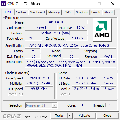 screenshot of CPU-Z validation for Dump [8tcanj] - Submitted by  DESKTOP-B9R7POH  - 2020-12-24 14:09:29