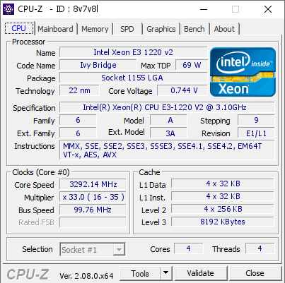 Intel Xeon E3 1220 v2 @ 3292.14 MHz - CPU-Z VALIDATOR