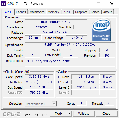 Intel Pentium 4 640 3189 52 Mhz Cpu Z Validator