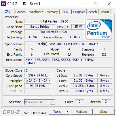 Intel Pentium B980 2394 29 Mhz Cpu Z Validator