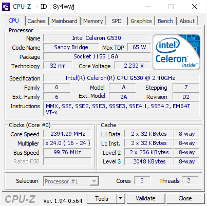 Intel Celeron G530 2394 29 Mhz Cpu Z Validator