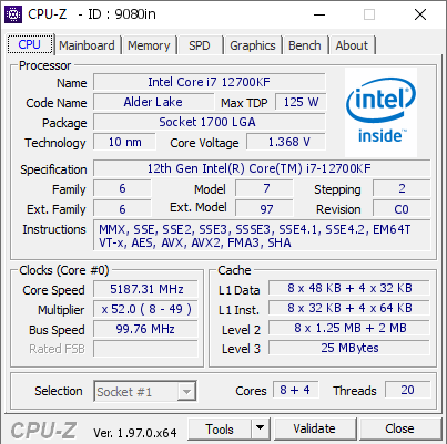 Intel Core i7 12700KF @ 5187.31 MHz - CPU-Z VALIDATOR