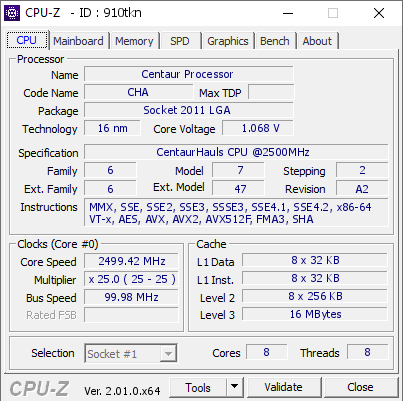 screenshot of CPU-Z validation for Dump [910tkn] - Submitted by  bizude  - 2022-06-11 16:40:06