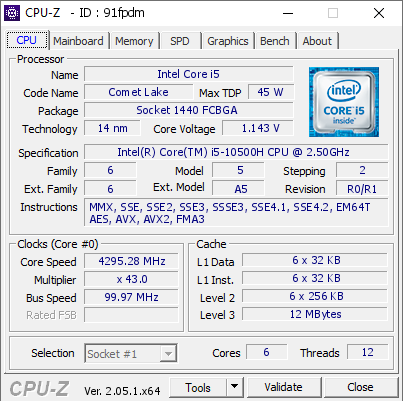screenshot of CPU-Z validation for Dump [91fpdm] - Submitted by  MSI-HUGO-HL4C  - 2023-04-30 10:44:52