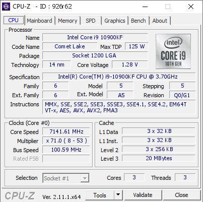 screenshot of CPU-Z validation for Dump [926r62] - Submitted by  Dreadzone  - 2024-11-09 04:32:02