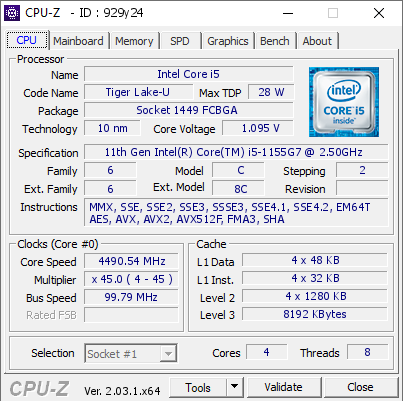 screenshot of CPU-Z validation for Dump [929y24] - Submitted by  I5-1155G7-12GB-  - 2023-01-02 07:14:45