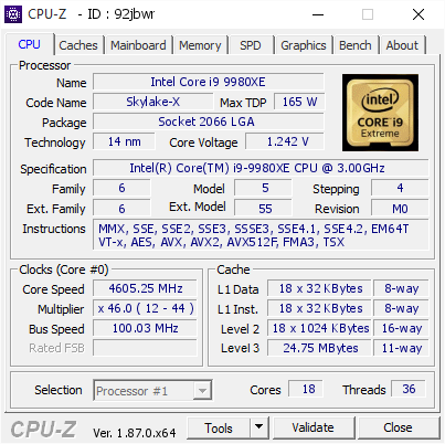 screenshot of CPU-Z validation for Dump [92jbwr] - Submitted by  jdepp  - 2019-01-08 19:45:33