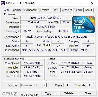 Intel Core 2 Quad Q9650 @ 4275.05 MHz - CPU-Z VALIDATOR
