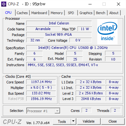 screenshot of CPU-Z validation for Dump [95prbw] - Submitted by  Acer Aspire One 753  - 2016-09-08 01:59:37