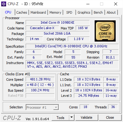 Intel Core i9 10980XE @ 4811.28 MHz - CPU-Z VALIDATOR