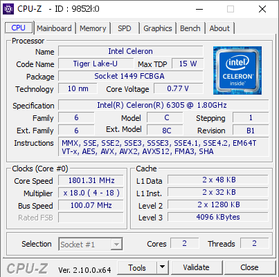 screenshot of CPU-Z validation for Dump [9852k0] - Submitted by  LAPTOP-TJ7L2AM7  - 2024-08-10 18:21:27