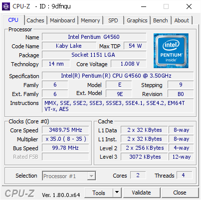 Intel Pentium G4560 3489 75 Mhz Cpu Z Validator