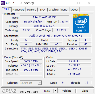 Intel Core i7 6800K @ 3605.6 MHz - CPU-Z VALIDATOR