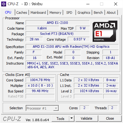 screenshot of CPU-Z validation for Dump [9sixbu] - Submitted by  DESKTOP-9ANC3VB  - 2019-04-19 11:43:16