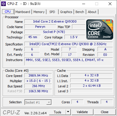 screenshot of CPU-Z validation for Dump [9u1kki] - Submitted by  DELL-PRECISION-M6400  - 2026-07-31 13:19:09