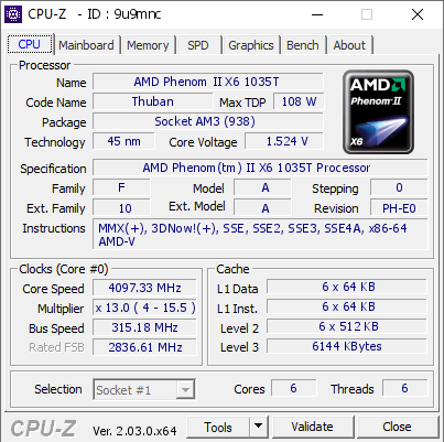 screenshot of CPU-Z validation for Dump [9u9mnc] - Submitted by  phenom ii x6  - 2022-10-23 20:19:28