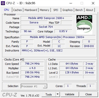 Mobile AMD Sempron 2600 798.24 MHz CPU Z VALIDATOR