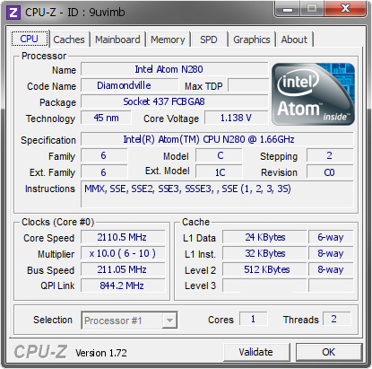 Intel Atom N280 @ 2110.5 MHz - CPU-Z VALIDATOR