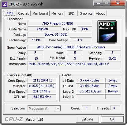 AMD Phenom II N830 @ 2112.29 MHz - CPU-Z VALIDATOR